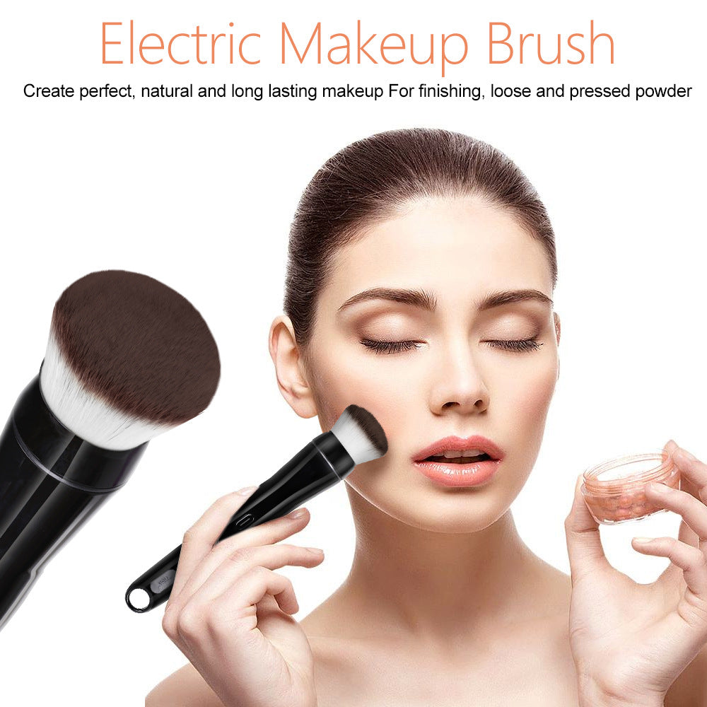 Electric makeup brush with a woman applying makeup and powder, on a light background.