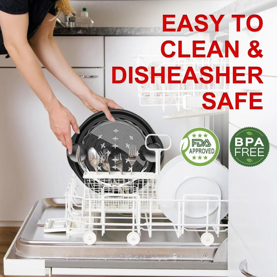 Person loading a dishwasher with text 'Easy to Clean & Dishwasher Safe' and FDA and BPA-free logos.