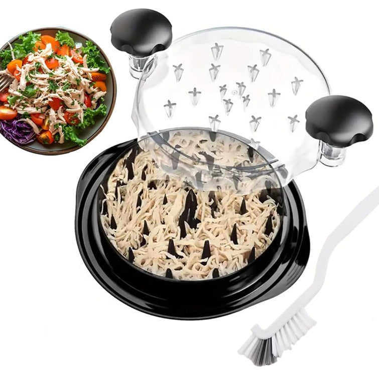 Chicken Shredder Tool with chicken inside and a side view of a salad.