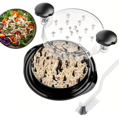 Chicken Shredder Tool with chicken inside and a side view of a salad.