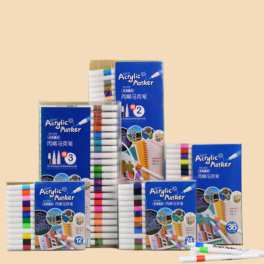 Acrylic marker sets with packaging on a beige background