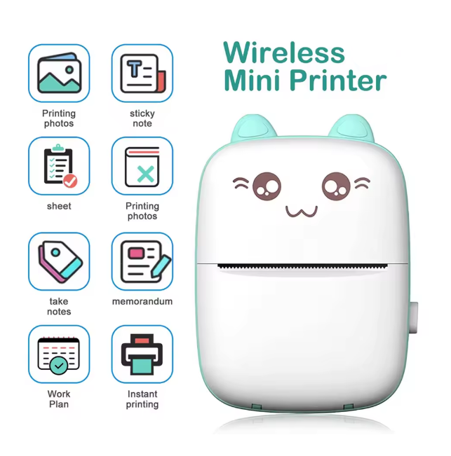 Wireless BT mini printer with cartoon face and icons on a white background
