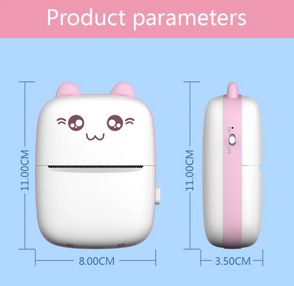 Cute cartoon-style device with dimensions on a blue background